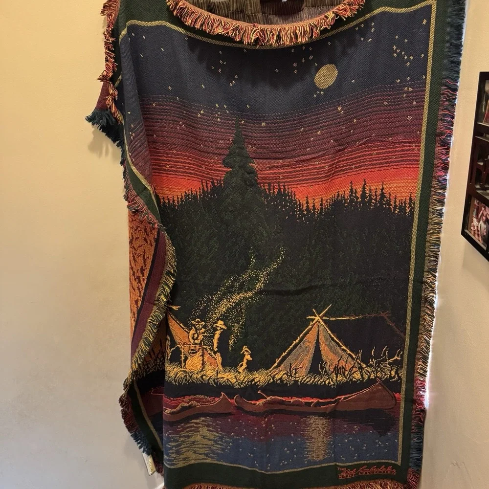 Bob Timberlake Tapestry Throw Blanket Camping Canoe Cabin USA 50x65 Cotton Tag